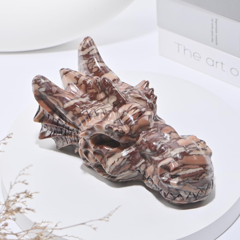 Bmuafry 6''Natural Dragon Head Crystal Skull Head Hand Carved Reiki Healing Stone Statue Healing Home Office Art Room Decoration (Chocolate Stone, 6inch)