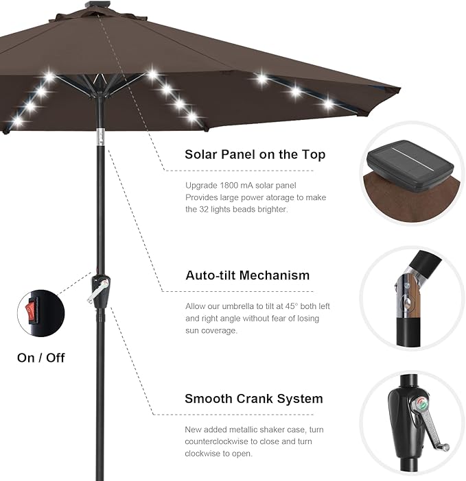 ABCCANOPY 10FT Durable Solar Led Patio Umbrellas with 32LED Lights (Brown)