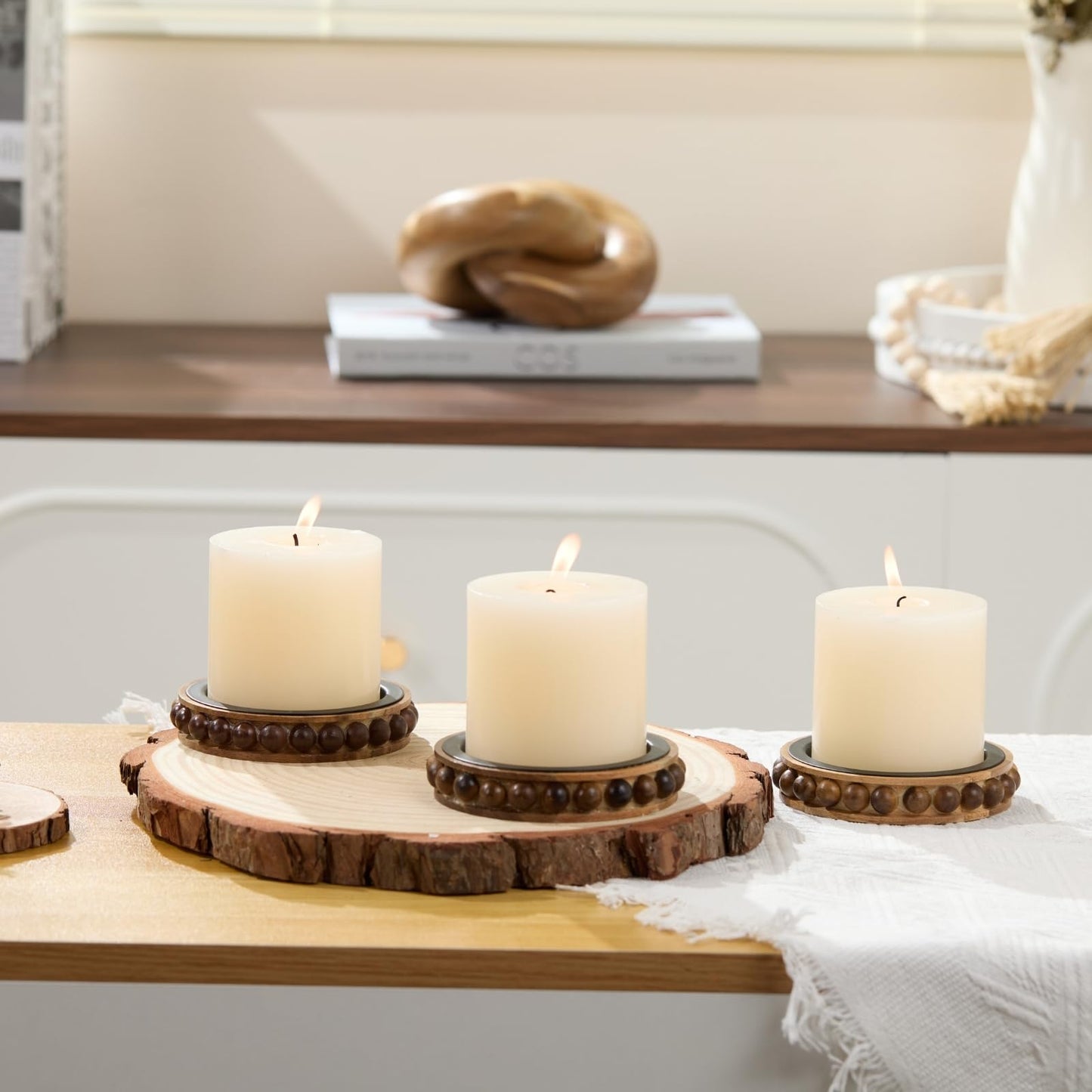 THORNIA Wooden Candle Holders for Pillar Candles, Set of 3 Acacia Wood Beaded Plate with Metal Cup Inserts, 4 Inch Rustic Farmhouse Tray Stand for Fireplace Mantel, Table Centerpiece Decor