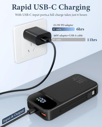 Power Bank 25800mAh Fast Charging Built-in 2 cables, 22.5W Portable Charger, Portable USB C Power bank Battery Pack with LCD Display Powerbank for Smartphones Tablets and More