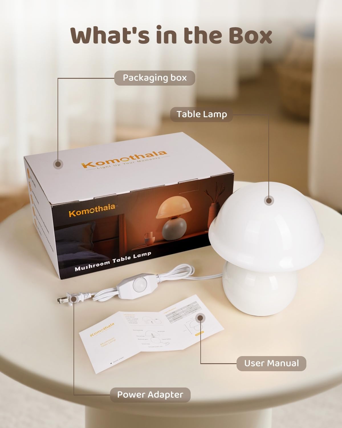 Komothala Mushroom Table Lamp for Bedroom, Cozy Bedside Lamp with Glass Shade, Stepless Dimmable Nightstand Lamp for Relaxing Bedroom Decor & Aesthetic Home (White)
