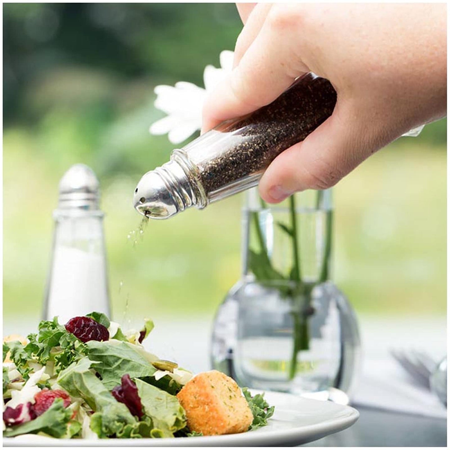 Yopay 12 Pieces Salt and Pepper Shaker Set, 1 oz Tower Glass Body Mini Restaurant Shakers with Stainless Steel Lids, Clear Curved Design