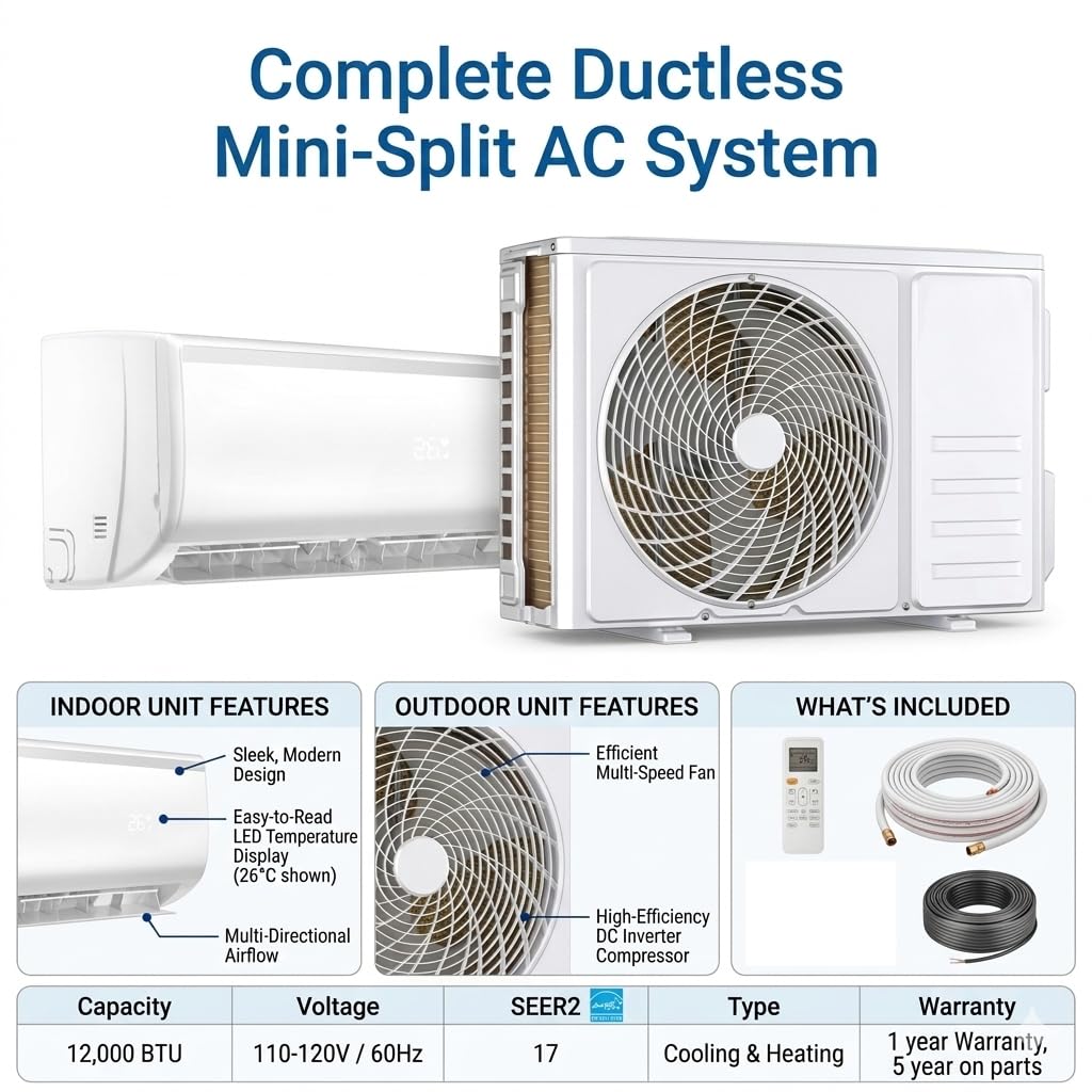 Vtronix Classic America 12000 BTU Smart Mini Split AC/Heat Pump, 19 SEER2 Inverter Ductless Wall Mount, 110/120V, Quiet 29dB, WiFi/Alexa, Pre-Charged, 16ft Line Set Kit, Up to 550 Sq Ft