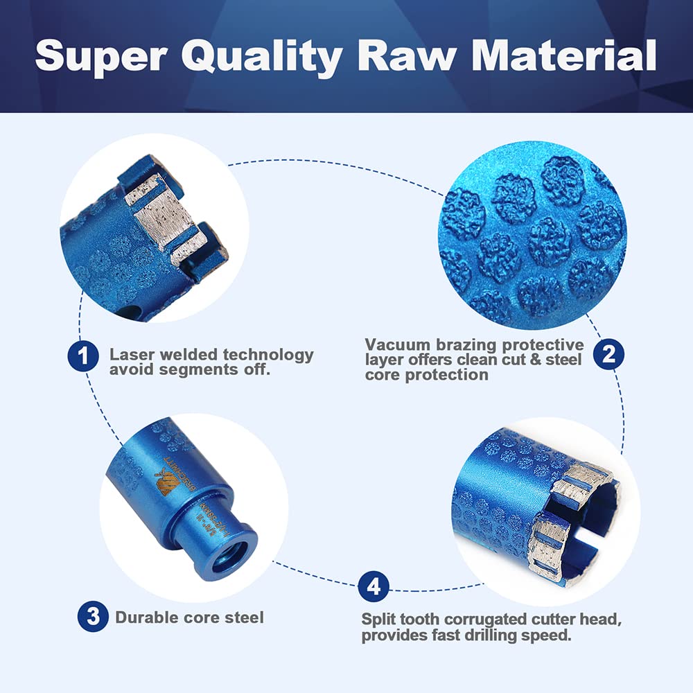 Diamond Core Drill Bit Set - BRSCHNITT Laser Welded Granite Hole Saw with 5/8-11 Thread for Granite Marble Solid Block Stone Reinforced Concrete,Dry or Wet Drilling (20/35/45/50mm+Adapter)
