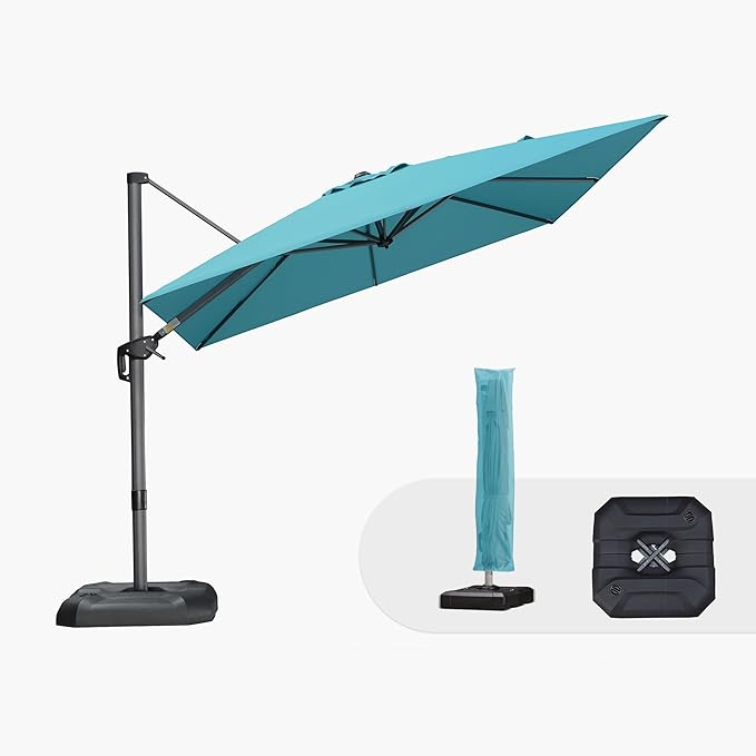 PURPLE LEAF 9'×9' Patio Umbrella with Base Outdoor Cantilever Umbrella with Cover Aluminum Square Offset Umbrella with 360-degree Rotation for Deck Pool Garden Turquoise Blue