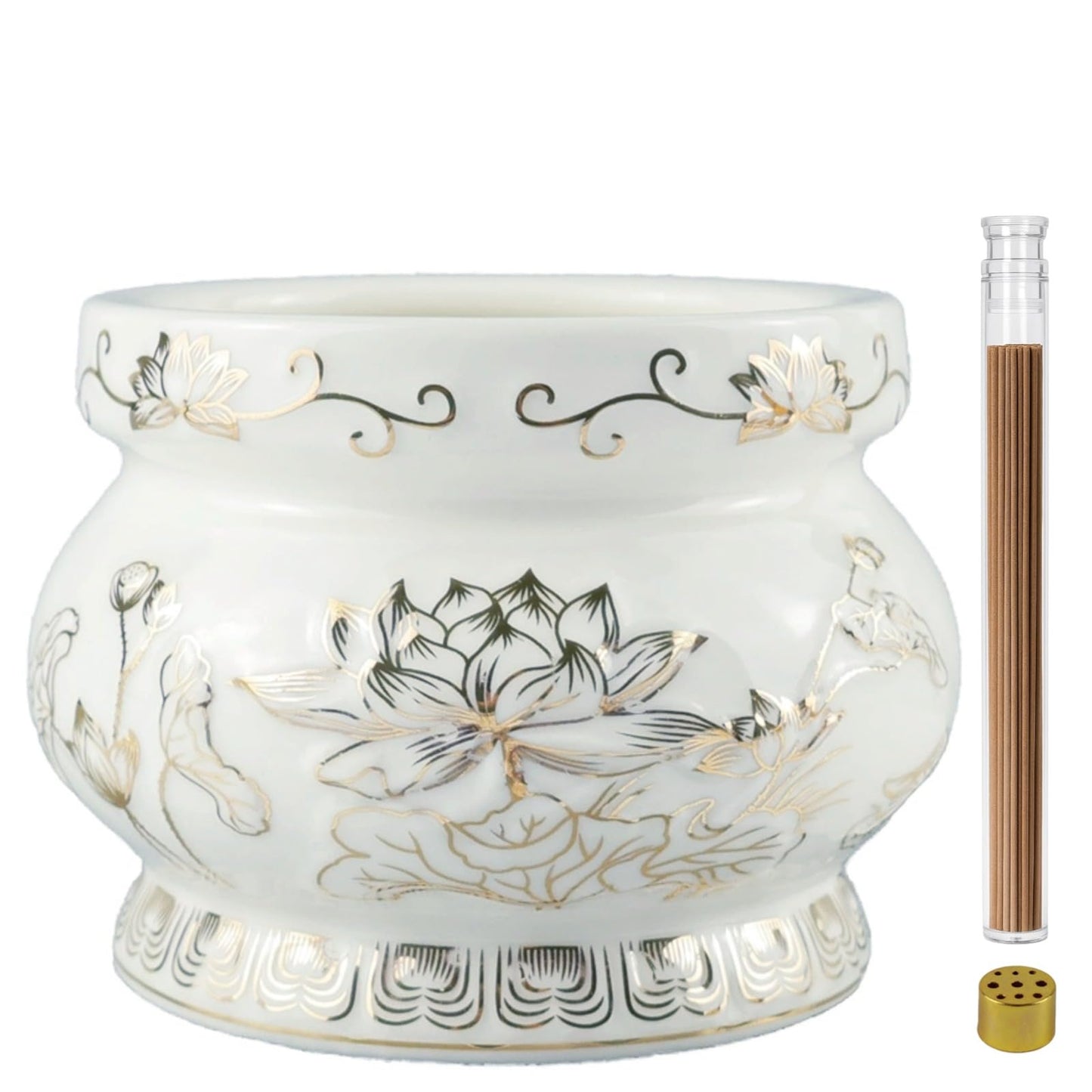 Gopupu Ceramic Incense Burner Pot, Small Incense Bowl with Sticks and Brass Stand, Decorative Lotus Incense Holder Censer for Meditation Praying Buddha 4 Inch
