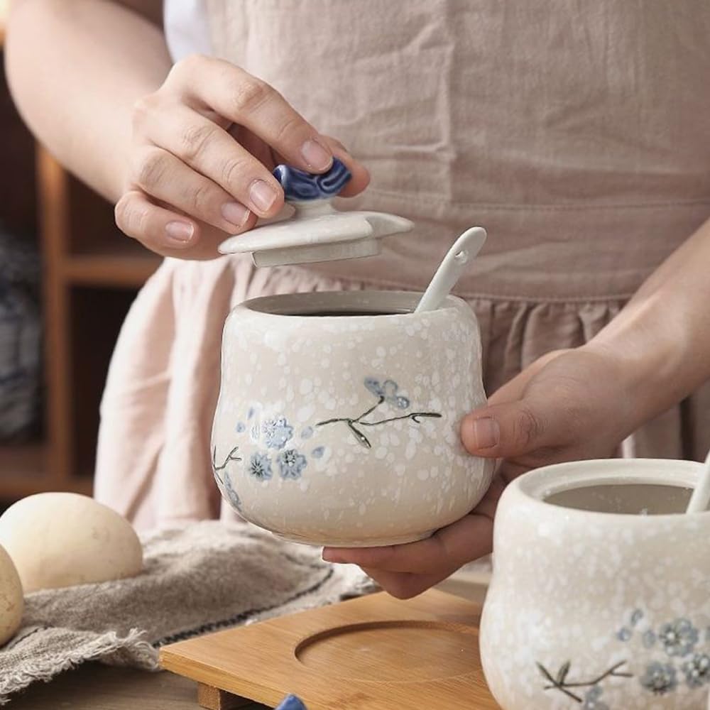 YMYL Ceramic Sugar Bowl with Lid and Spoon, 13.5oz Elegant Blue Floral Pattern Sugar Jar Sugar Container Sugar Dispenser Coffee Bar Accessories, Modern Kitchen Decor