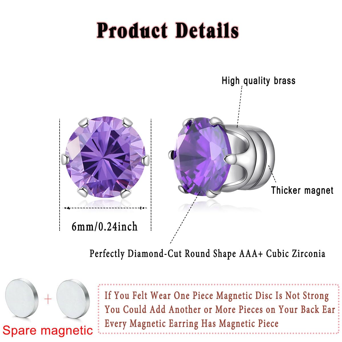 Spiritlele 12 Pairs Birthstone Magnetic Earrings Set Cubic Zirconia Clip on Non Piercing Fake Stud Earrings Birthday Gifts Unisex (Circle)