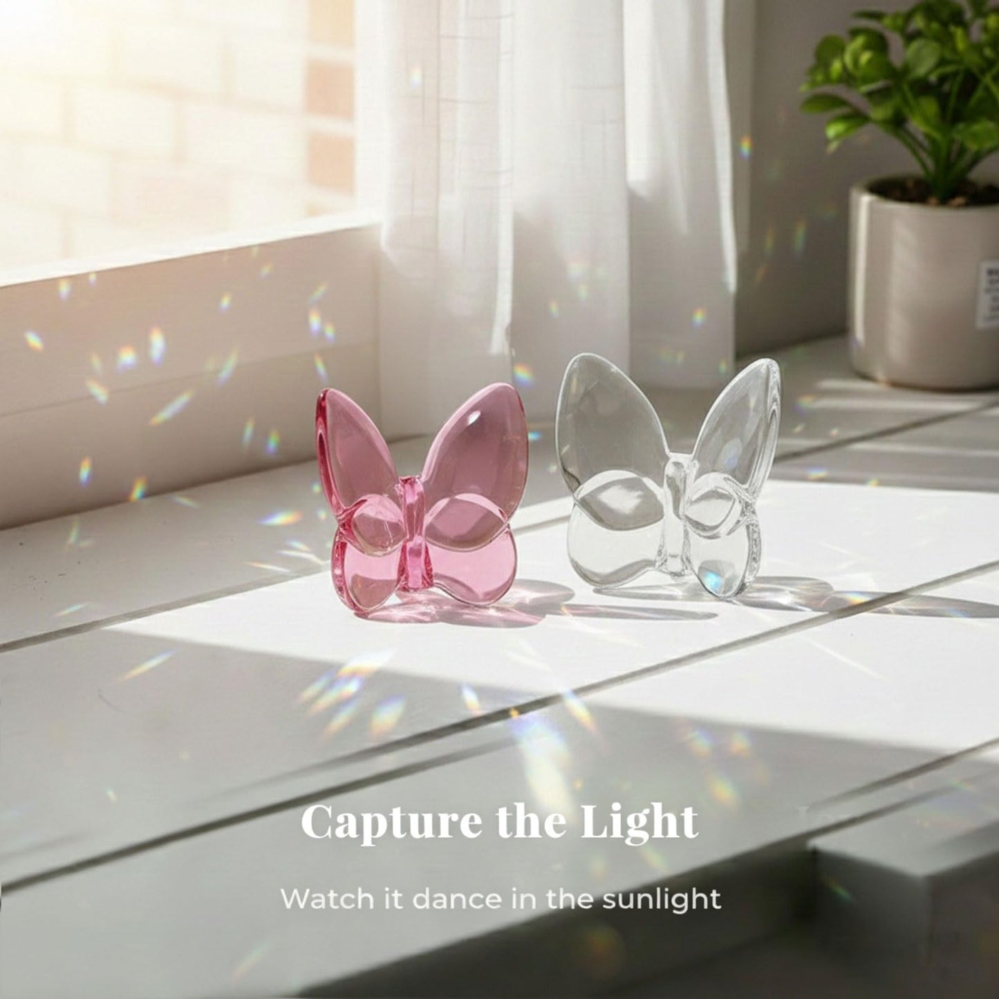 BJSYLTEK 2 Pack Crystal Butterfly Figurines, Glass Butterfly Figurines Decor for Home Office Desk, Handcrafted Crystal Animal Figurines, Butterfly Gifts for Women, (Pink + White)