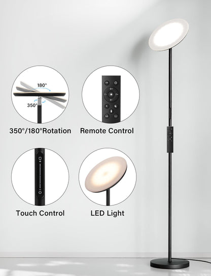 PreeOtti Modern LED Floor Lamp - Remote & Touch Control, 40W/2400LM Sky Torchiere Standing Lamp, Fully Dimmable, 3 Color Temperatures, Ideal for Living Room & Bedroom, Easy to Assemble