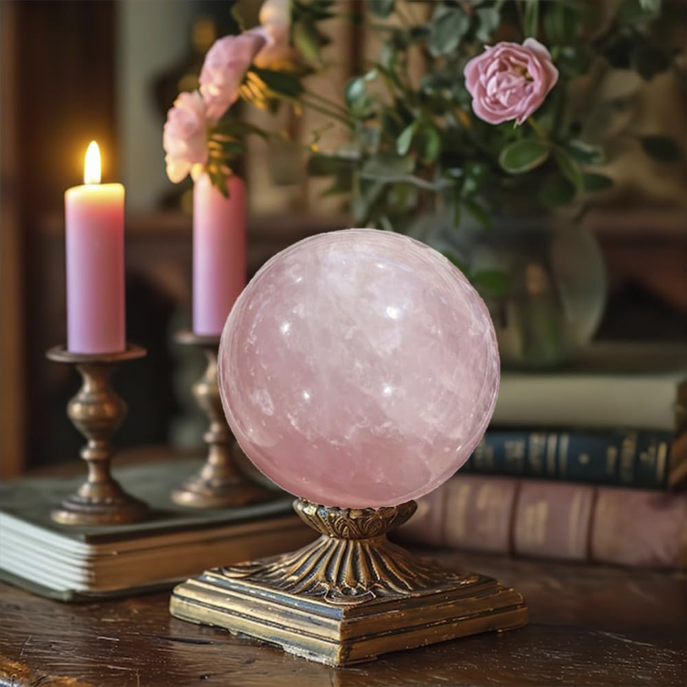 1.97-2.36inch/5-6cm Natural Rose Quartz Crystal Ball with Stand, Polished Pink Quartz Divination Sphere, Reiki Healing Gemstone Ball, Home Desktop Decorative Ornament, Crystal Craft Gift