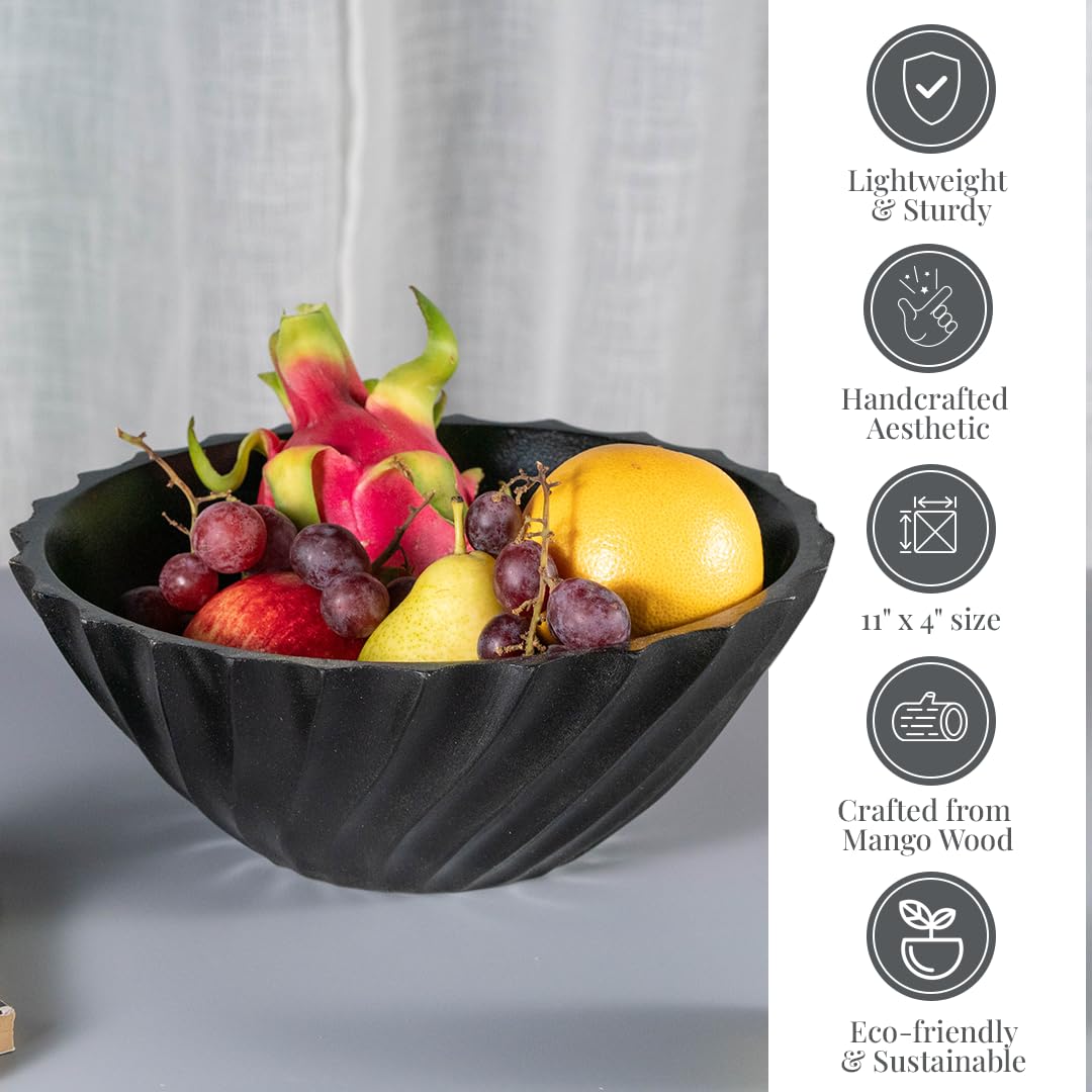 Folkulture Black Ribbed Salad Bowl | 11” Large Mango Wood Serving Bowl | Modern Wooden Bowl for Salad, Fruit & Pasta | Kitchen Island & Dining Table Décor