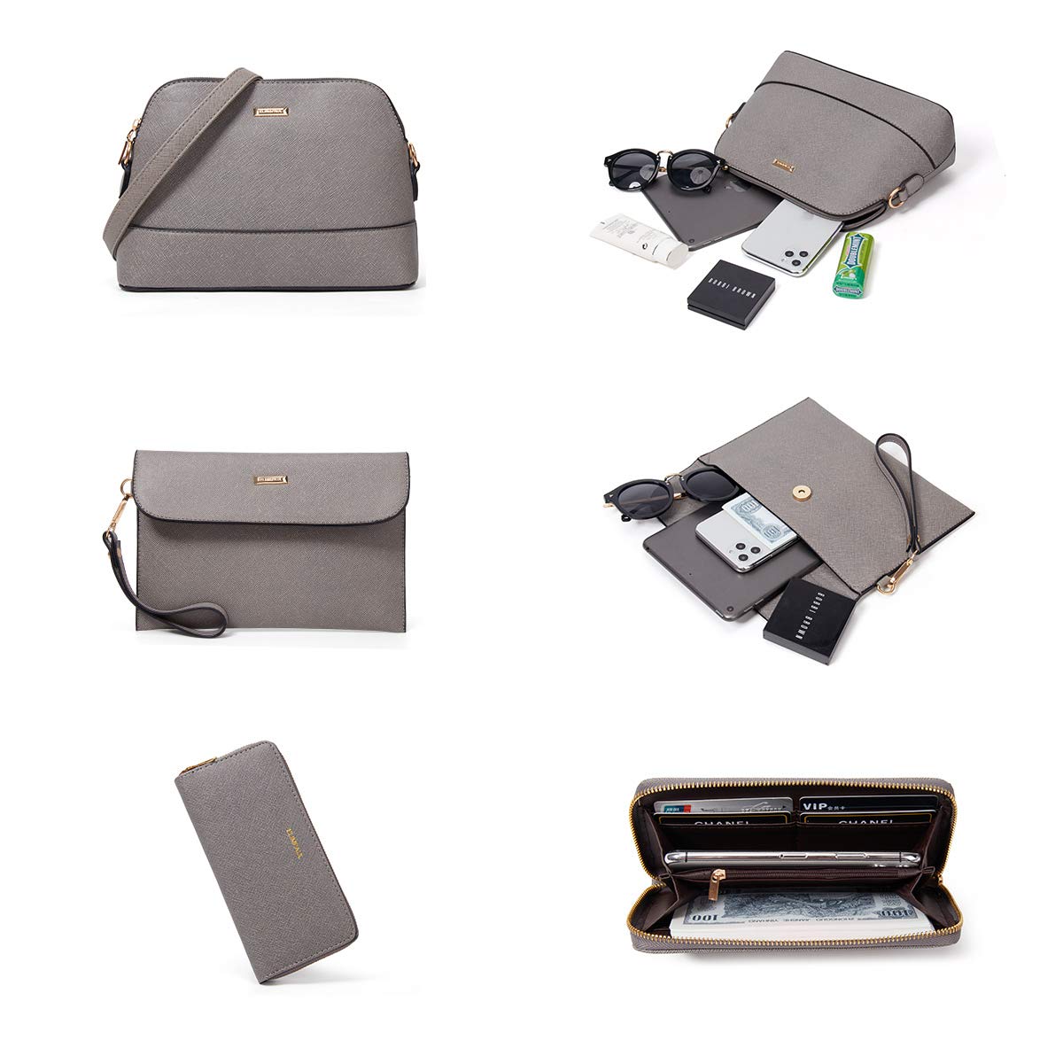 Women Fashion Synthetic Leather Handbags Tote Bag Shoulder Bag Top Handle Satchel Purse Set 4pcs, Grey