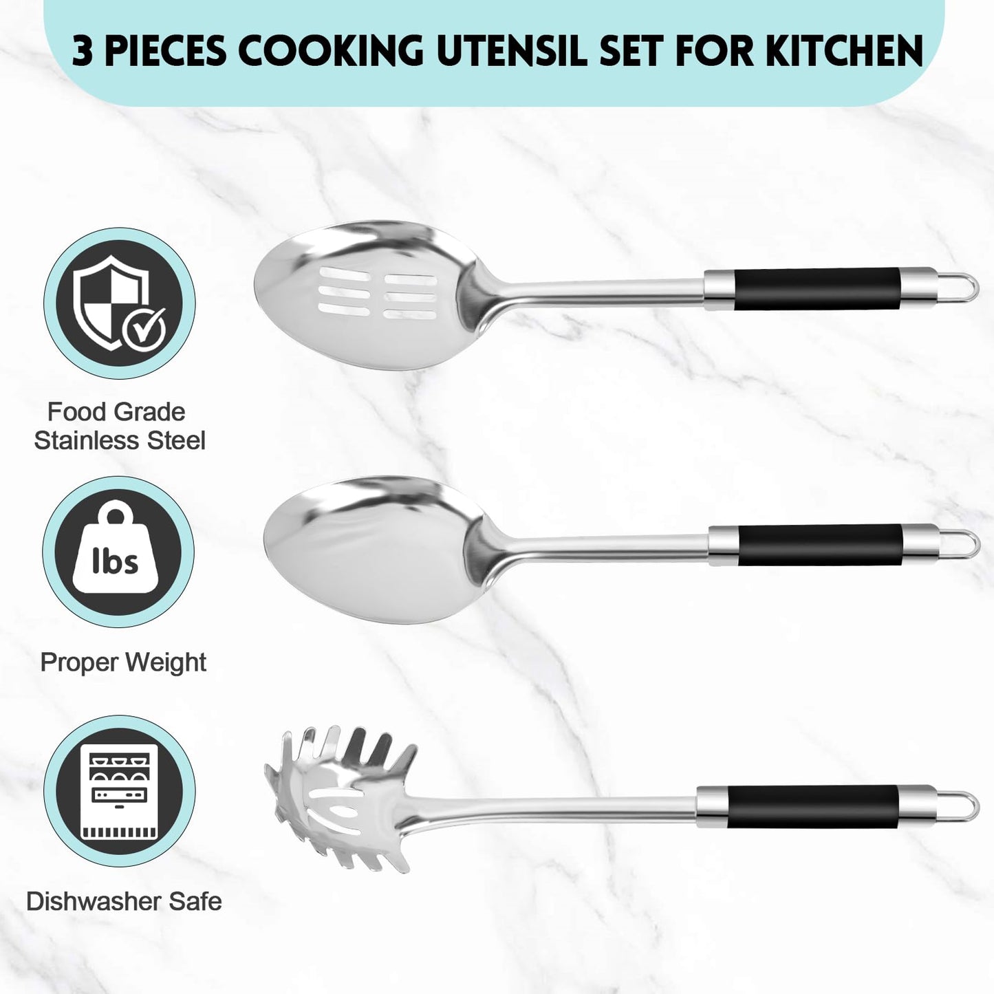 3-Piece,Stainless Steel Serving spoons set with Slotted Spoon, Serving and Spaghetti Spoon, kitchen cooking serving utensils set cooking spoon.