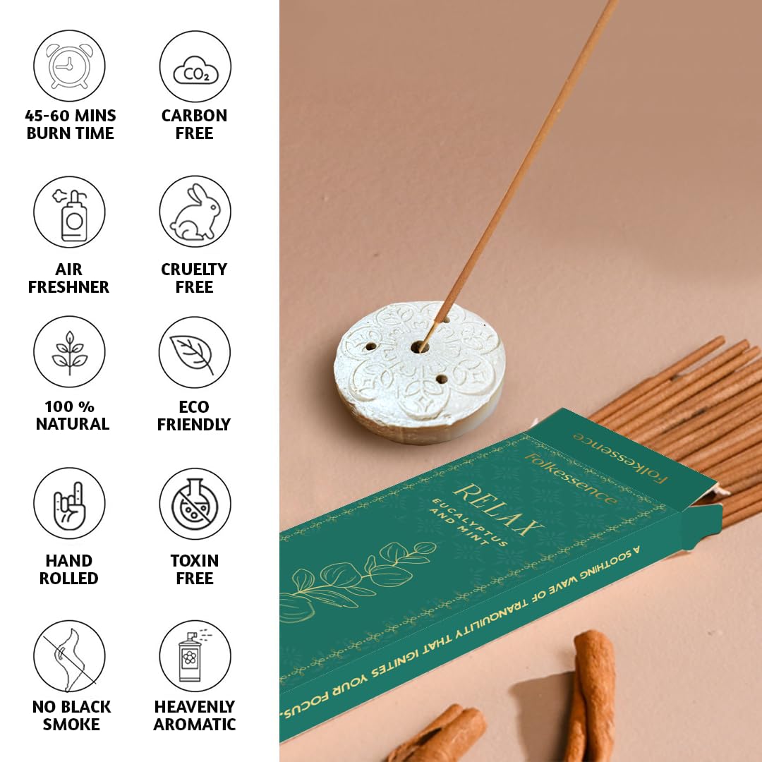 Folkulture Incense Sticks with Holder (100 Sticks)| Eucalyptus Incense Stick for Meditation, Aromatherapy, Realxation Gifts | No Charcoal,Organic,Non Toxic, 45 Mins, Long Burning Insence-Sticks