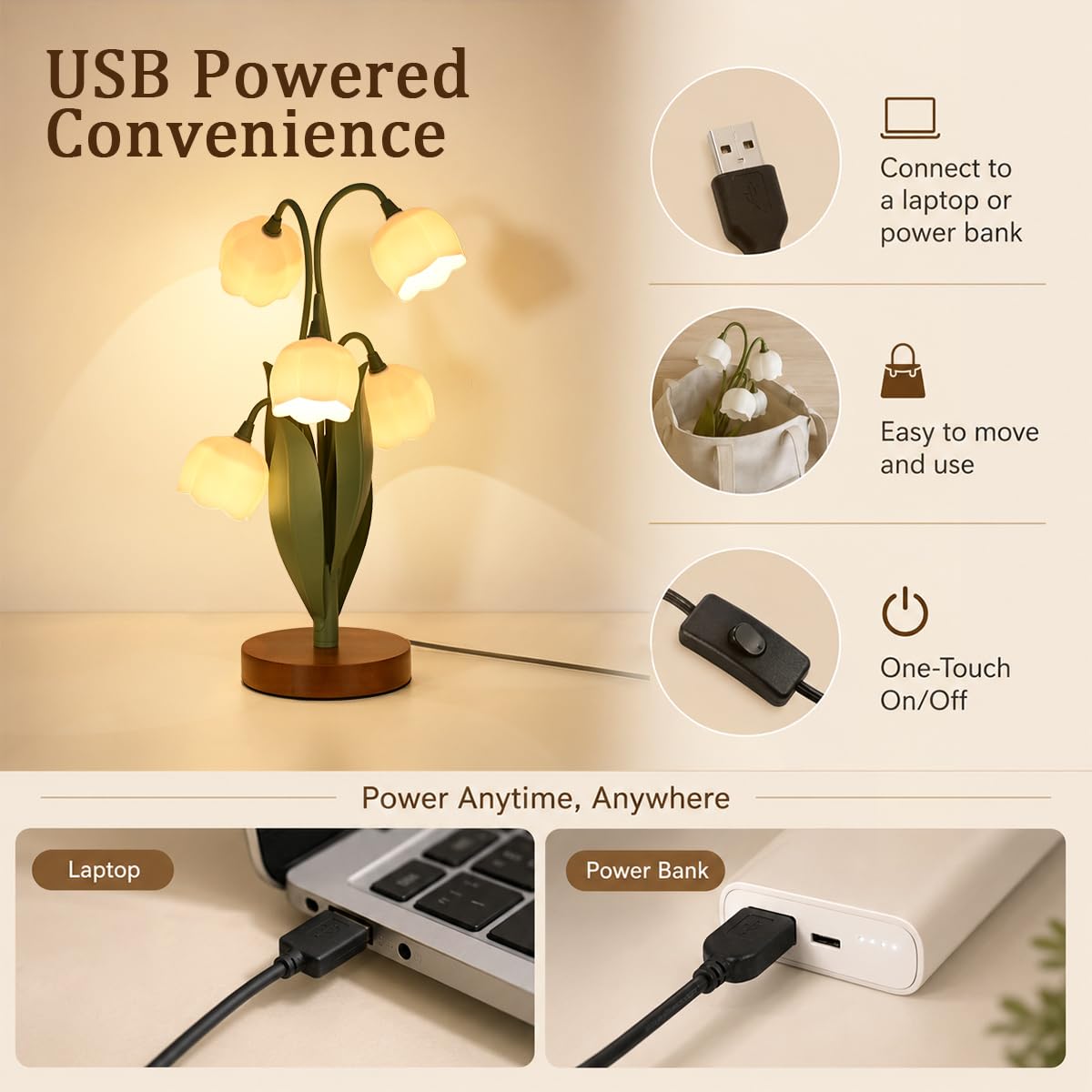 Flower Table Lamp for Bedroom, Cute Flower Reading Light with 5 White Lily of The Valley, Desk Lamp Bedside Lamps for Nightstands Home Decor,Soft Reading Night Light for Bedroom Living Room Office