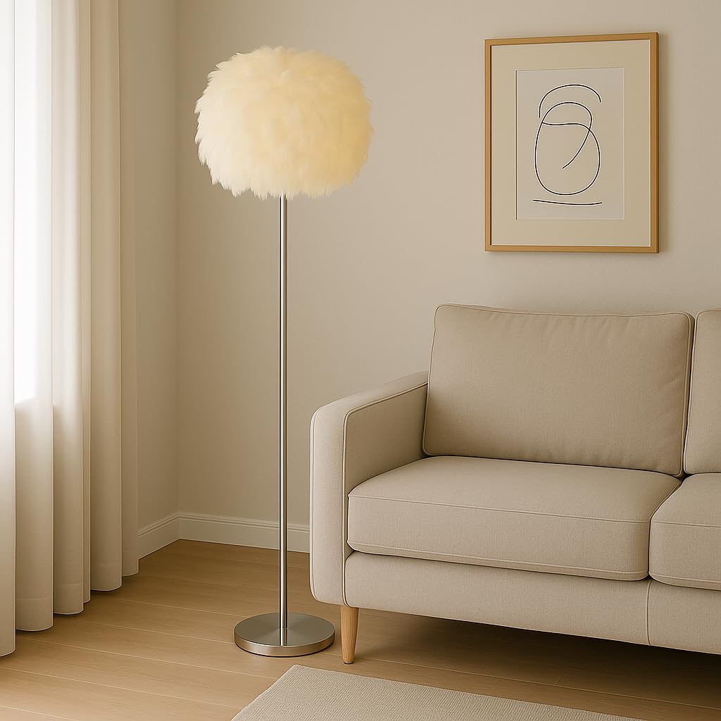 LIGHTACCENTS 69" Luxury Feather Floor Lamp with Chrome Base - Fluffy Cloud Standing Light for Living Room, Bedroom, Nursery, Vanity (White)