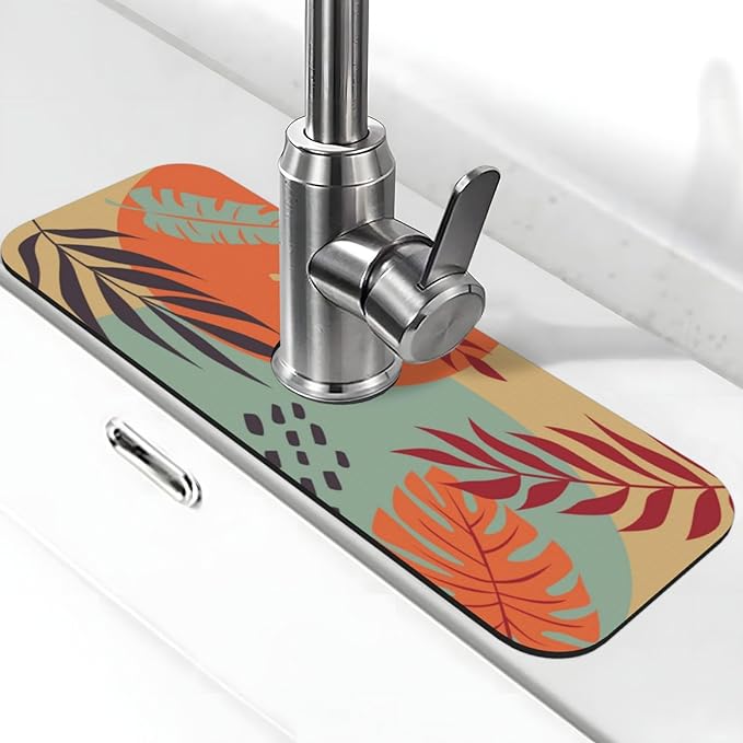 Boho Bohemian Abstract Floral Leaves Kitchen Sink Splash Guard Faucet Mat Super