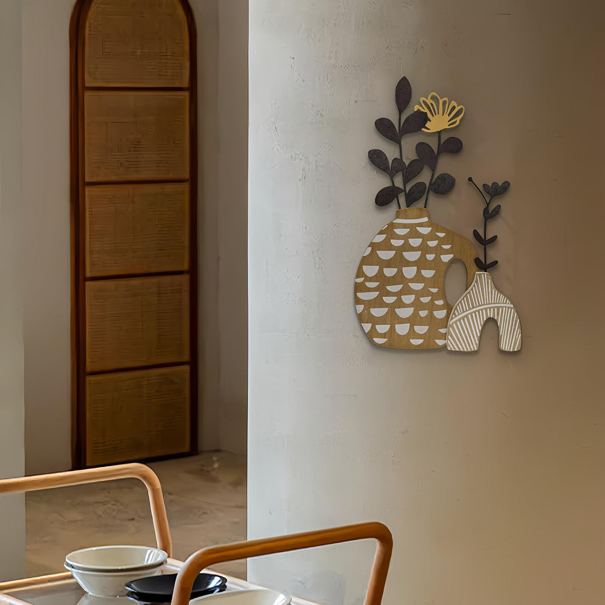 WOPARTY Rustic Metal and Wood Flowers Wall Art, Bohemian Vase with Flower Design, Black and Gold, 16.2x10 Inch, Farmhouse Wall Decor Home Bedroom Dining Room Housewarming