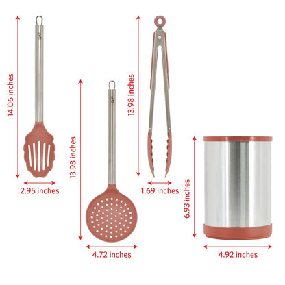 Glad Kitchen Utensils Set, 8pcs - Nonstick Cooking Tools with Stainless Steel Handles & Rotating Utensil Holder - Turners, Ladle, Spoon, Tongs, Spaghetti Server, and Skimmer - Dishwasher Safe, Rust