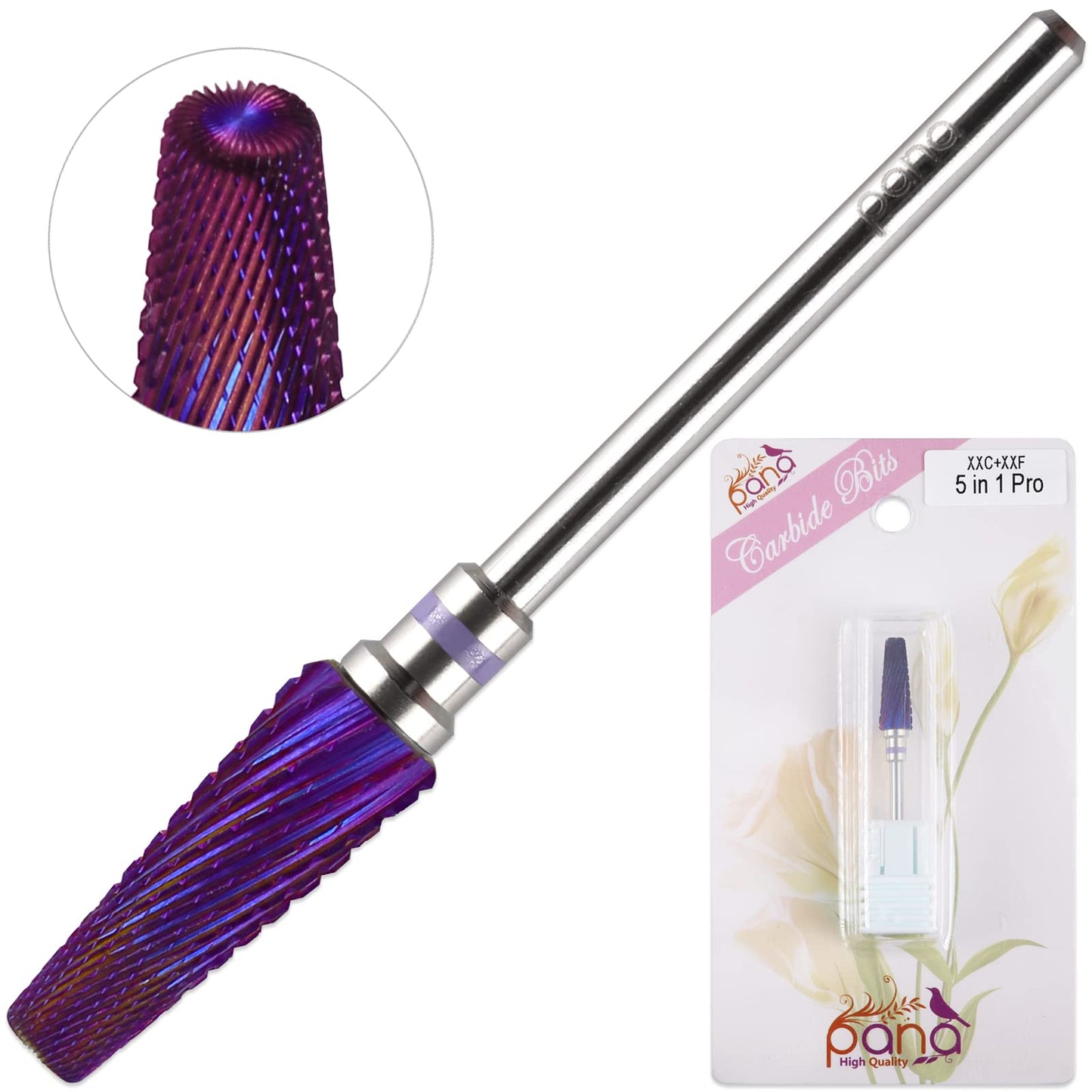 PANA Nail Carbide 5 in 1 Bit - Two Way Rotate use for Both Left and Right Handed - Fast Remove Acrylic or Hard Gel - 3/32" Shank - Manicure, Nail Art, Drill Machine (Fine - F, Silver)