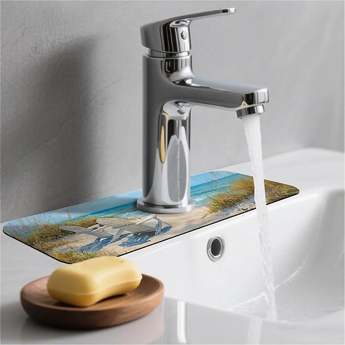 Kitchen Sink Splash Guard，Beach-scene Faucet Mat Sink Gadgets-Super Absorbent