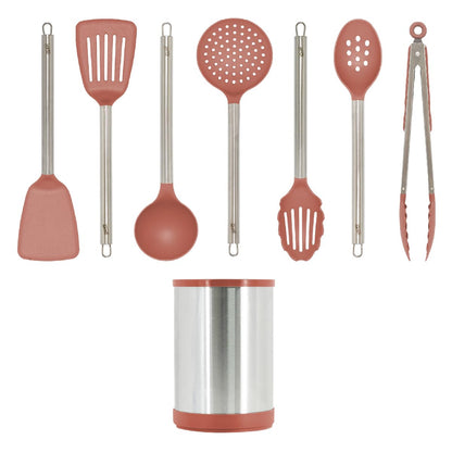 Glad Kitchen Utensils Set, 8pcs - Nonstick Cooking Tools with Stainless Steel Handles & Rotating Utensil Holder - Turners, Ladle, Spoon, Tongs, Spaghetti Server, and Skimmer - Dishwasher Safe, Rust