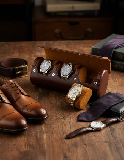 MR.OKAY 3 Watch Travel Case- Classic Leather Watch Case With Perfect Texture.Portable Watch Roll Or Organizer For Storage And Display. Luxury Gifts For Men, All Handmade by Artisans.