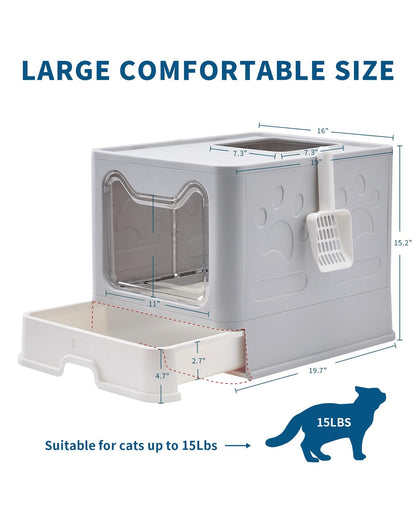 Medario Cat Litter Box with Litter Mat and Scoop, Large Foldable Litter Box with Lid, Front Entry Top Exit Kitty Box, Odor Control, Easy to Clean (Grey)