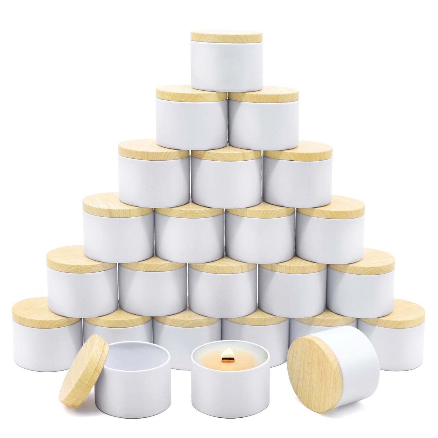 YJHSS 24-Pack 4oz Candle Tins with Wood-Grain Printing Lids, Metal Candle Jars for Candle Making, Empty Containers Vessels Bulk for Small Business & Beginners DIY Storage -Wood White