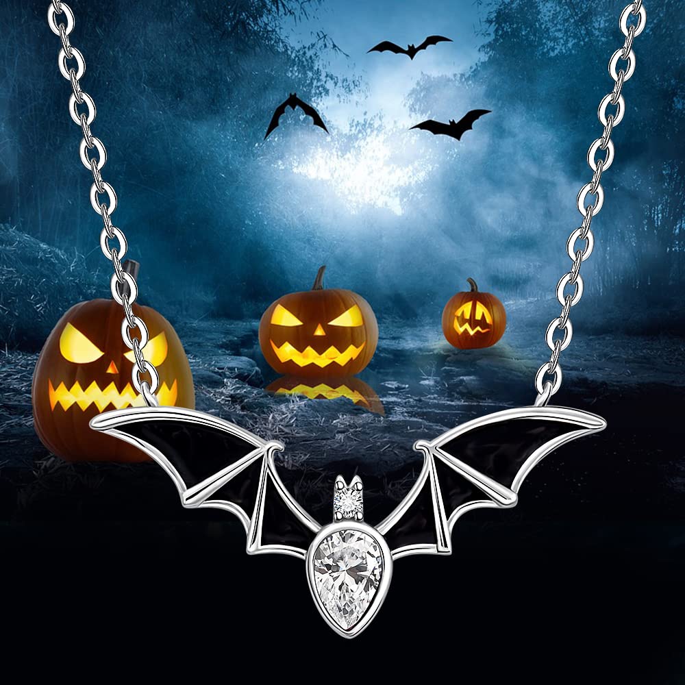 Halloween Bat Necklace for Women Sterling Silver 925 Bat Pendant Necklaces Charms Gothic Black Bats Jewelry CZ Crystal Dainty Vampire Witch Christmas Gifts