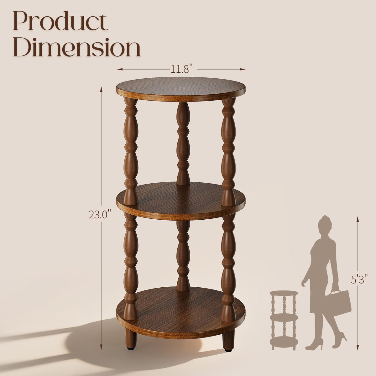 Yoobure Small Round Side Table - 3-Tier End Table with Storage Shelf, Narrow Bedside Table Nightstand for Bedroom, Accent End Tables Living Room, Wood Side Tables for Small Spaces, Office, Walnut