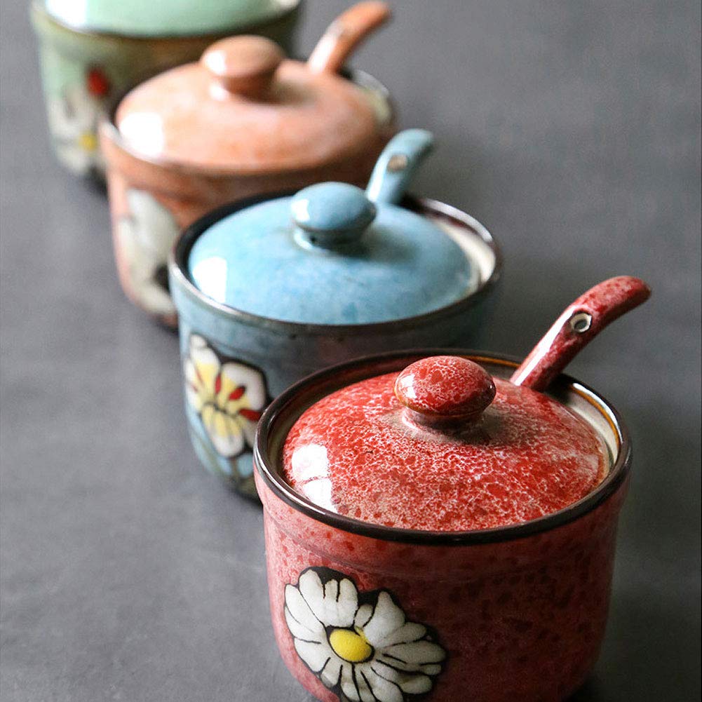 VanEnjoy Traditional China Retro Hand Painted Flower Ceramic Round Sugar Spice Containers Porcelain Jar with Spoon Round Condiment