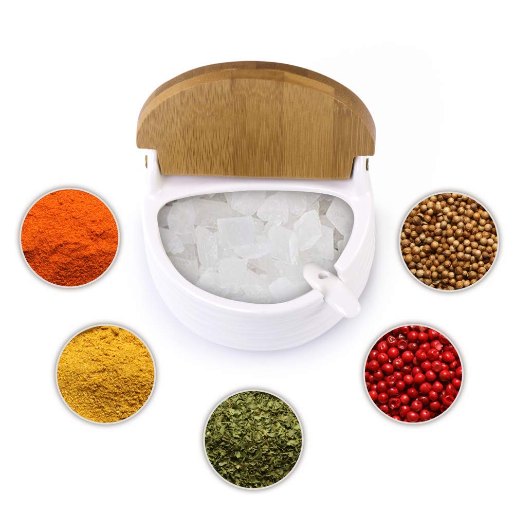 Ceramic Sugar Bowl with Bamboo Lids and Spoons Serving Tray, Porcelain Sugar Container for Sugar Tea Coffee Spice,Salt Condiment with Chalkboard Labels for Home Kitchen ,9.1 fl oz 270 ML,3PCS