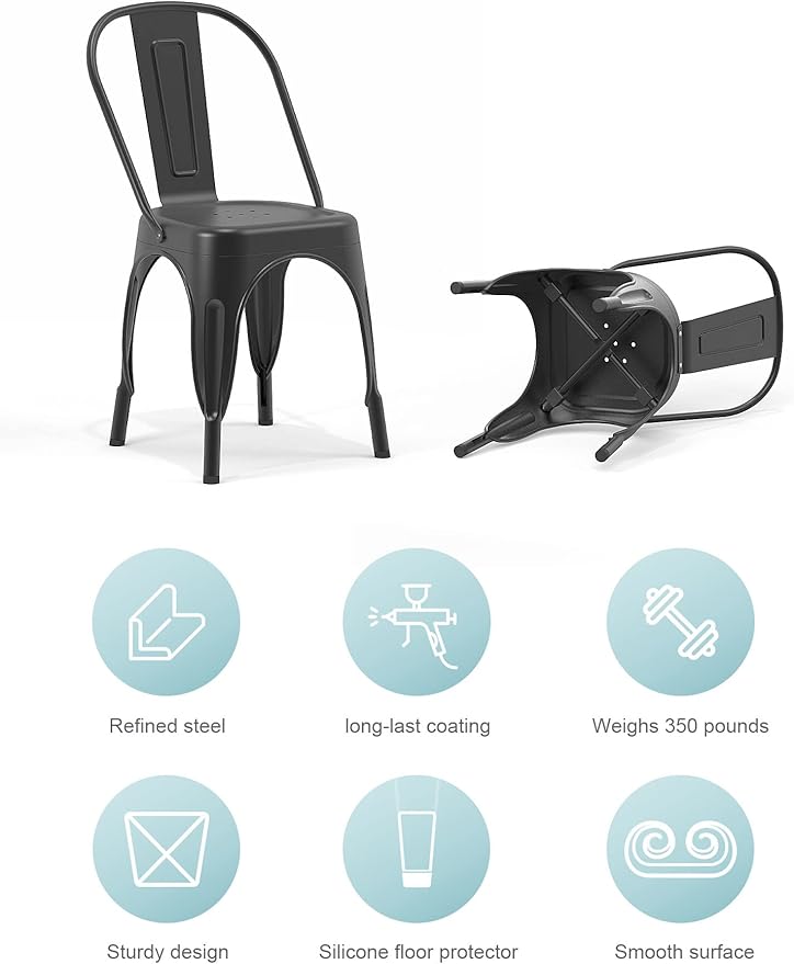 Nazhura Metal Dining Chair Farmhouse Tolix Style for Kitchen Dining Room Café Restaurant Bistro Patio, 18 Inch, Stackable, Waterproof Indoor/Outdoor (Sets of 4) (Black)