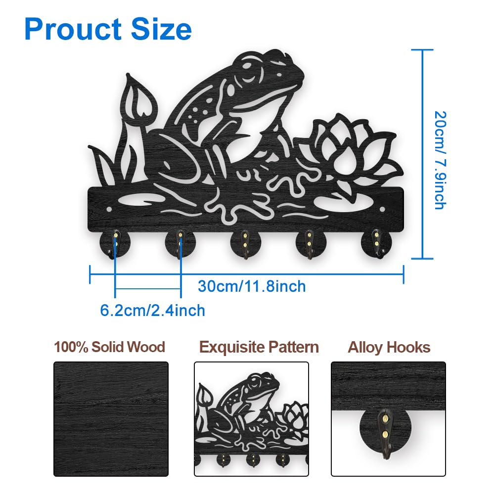 MAYJOYDIY Wooden Frog Lotus Flower Coat Hooks Summer Pond Key Holder for Wall 11.8×7.9inch Decorative Wall Hooks for Hanging with 5 Alloy Hooks for Entryway Kitchen Office Gift