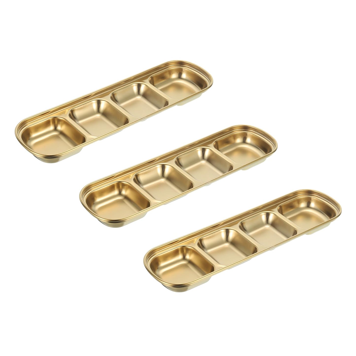 uxcell 3 Pack Stainless Steel Sauce Dish Dipping Bowls with 4 Compartment Divided, Metal Seasoning Plate Dipping Bowl for Sauce or Dressing, Gold