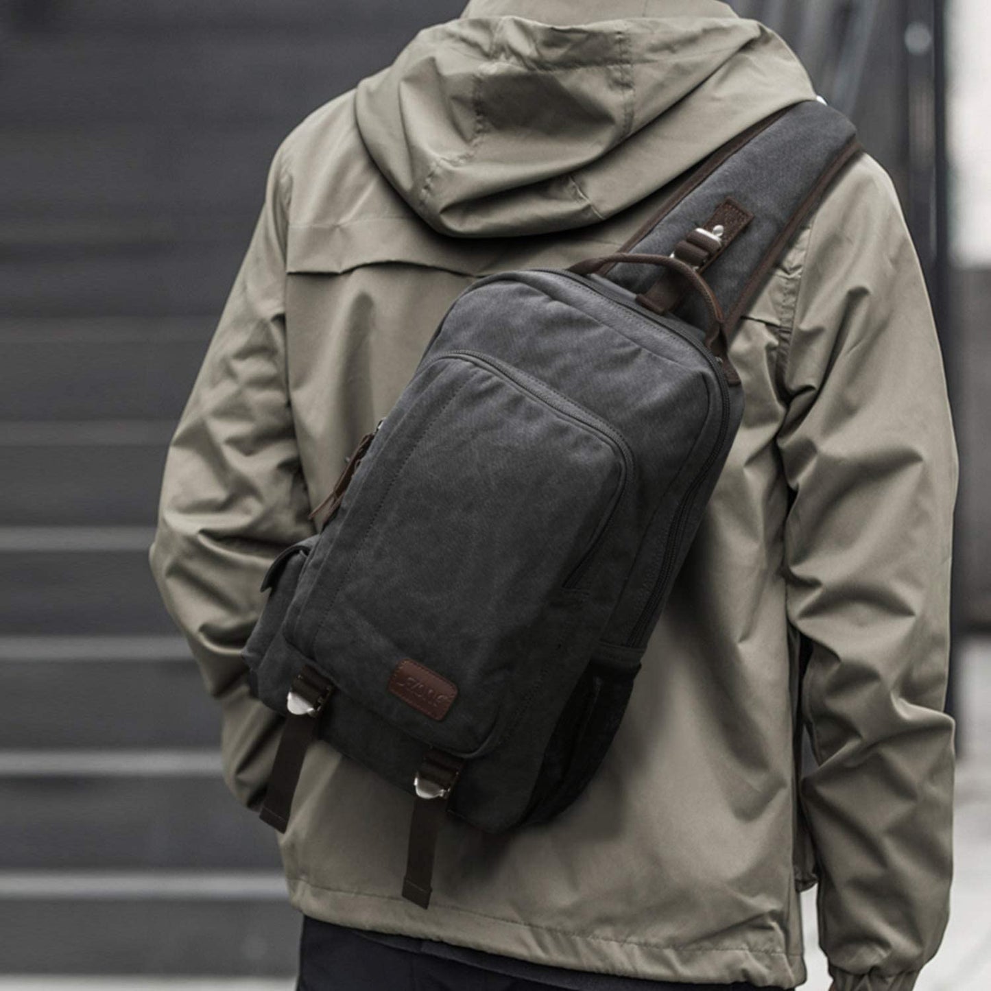 S-ZONE Sling Backpack for Men with Chest Pocket 13" Shoulder Bag Shoulder Bag Shoulder Bag Backpack, dark grey, M, One size