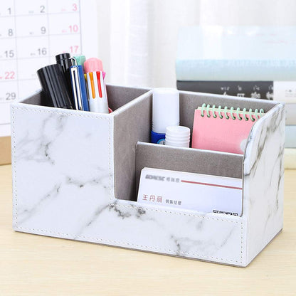KINGFOM Desk Organizer Office Supplies Caddy Pu Leather Multi-function Storage Box Pen/Pencil,Cell phone, Business Name Cards Remote Control Holder Gray Marble