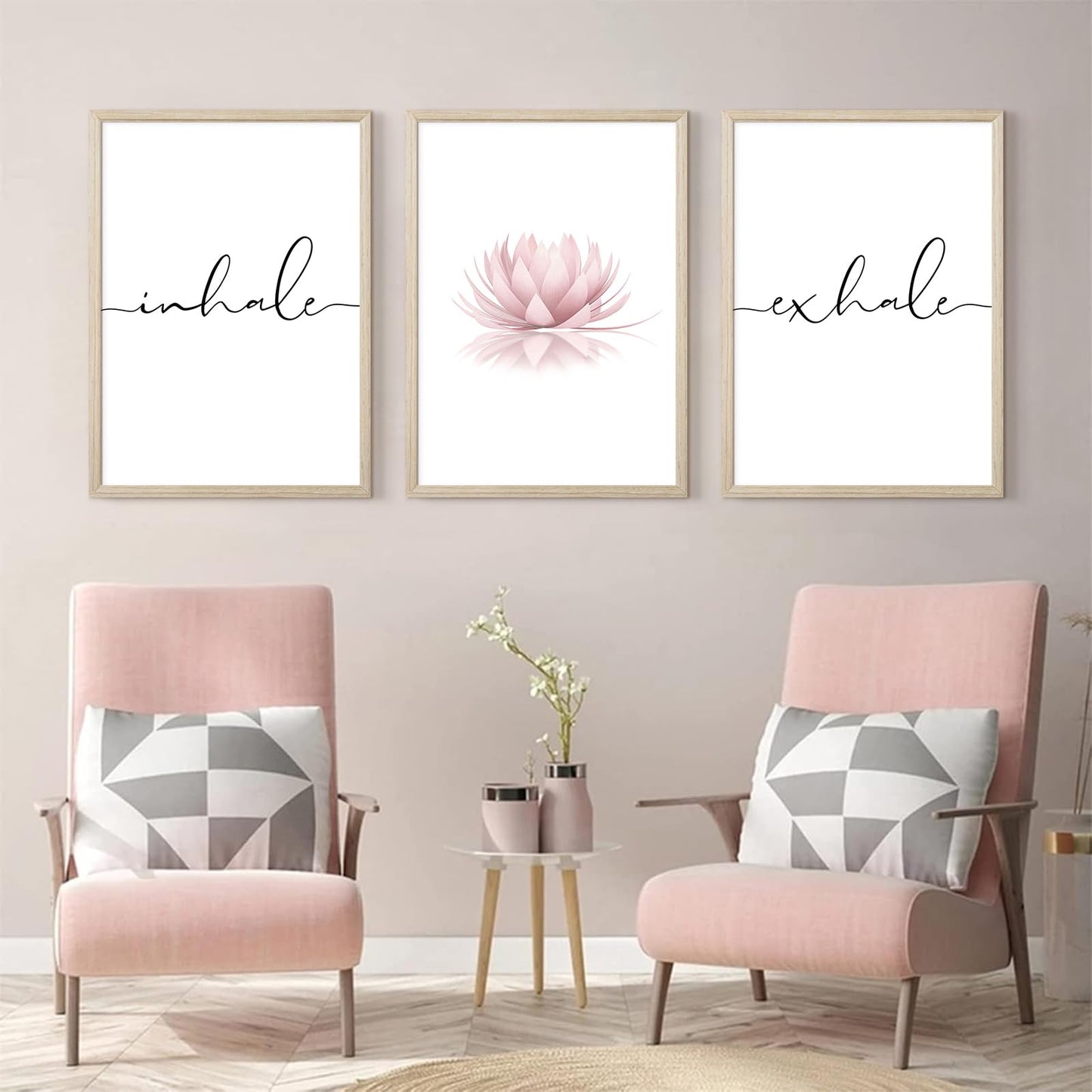 Inhale Exhale Wall Art Zen Canvas Decor Yoga Lotus Wall Art Calming Meditation Artwork Pink Yoga Poster Zen Pictures Painting for Living Room Bedroom 12x16 Inch Wood Framed Set of 3