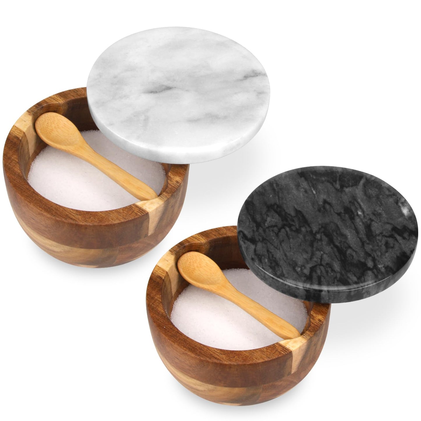 HESHIBI Salt Cellar Box with Lid & Spoon, Modern White Stone Salt or Pepper Sugar Spice Seasoning Bowl Container Jar Holder Well Keeper Dish Pig Crock for Kitchen (Marble Lid Set)