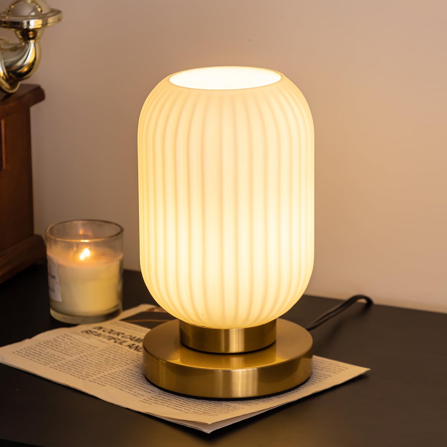 HSMKL Modern Ribbed Glass Table Lamps Mid Century Bedside Light Small Nightstand Lamp with Plug-in Style, E26 Ambient Lighting for Bedroom Living Room Tabletop, Milky White