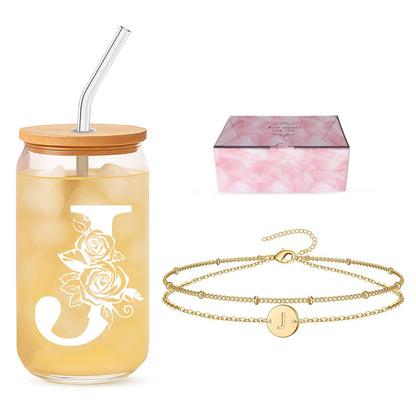 DAMCONME Friendship Gifts for Women, Initial Glass Cup and Bracelet Gift Set, Personalized Ready to Gift Letter Gift for Bestie, Women Friends and Special Occasions