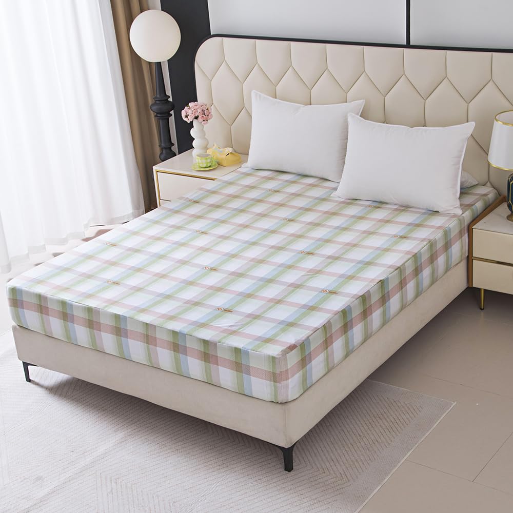 NATURETY Bedding Fitted Sheet with Deep Pocket,Modern Design Light Green Linellae Pattern Printed Fabric Bed Sheets (Green Checkered, Queen)