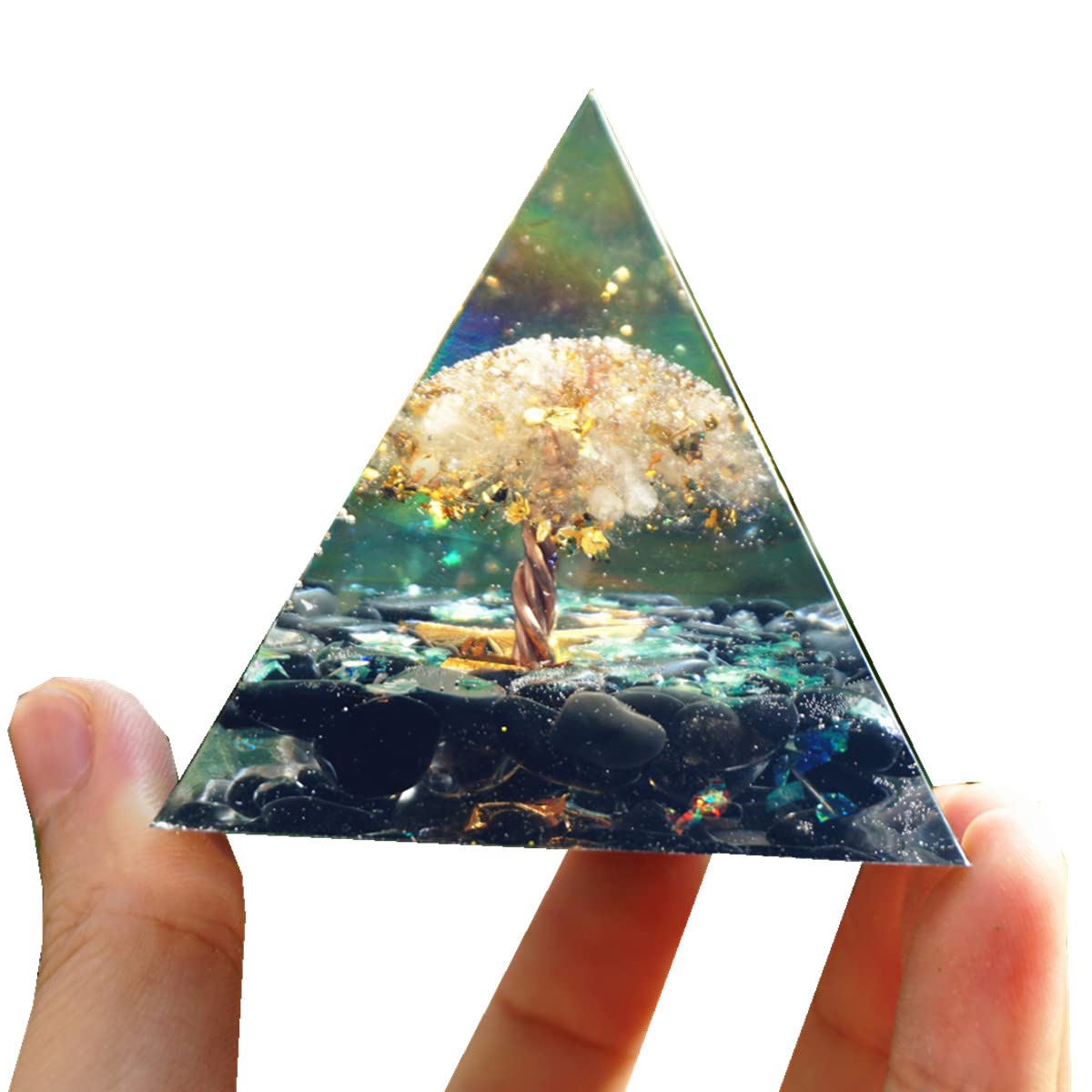 Tree of Life Orgonite Pyramid Kit White Quartz with Obsidian Stone Positive Reiki Energy Generator Crystal Healing Orgone Collection Wealth Lucky Meditation Tool