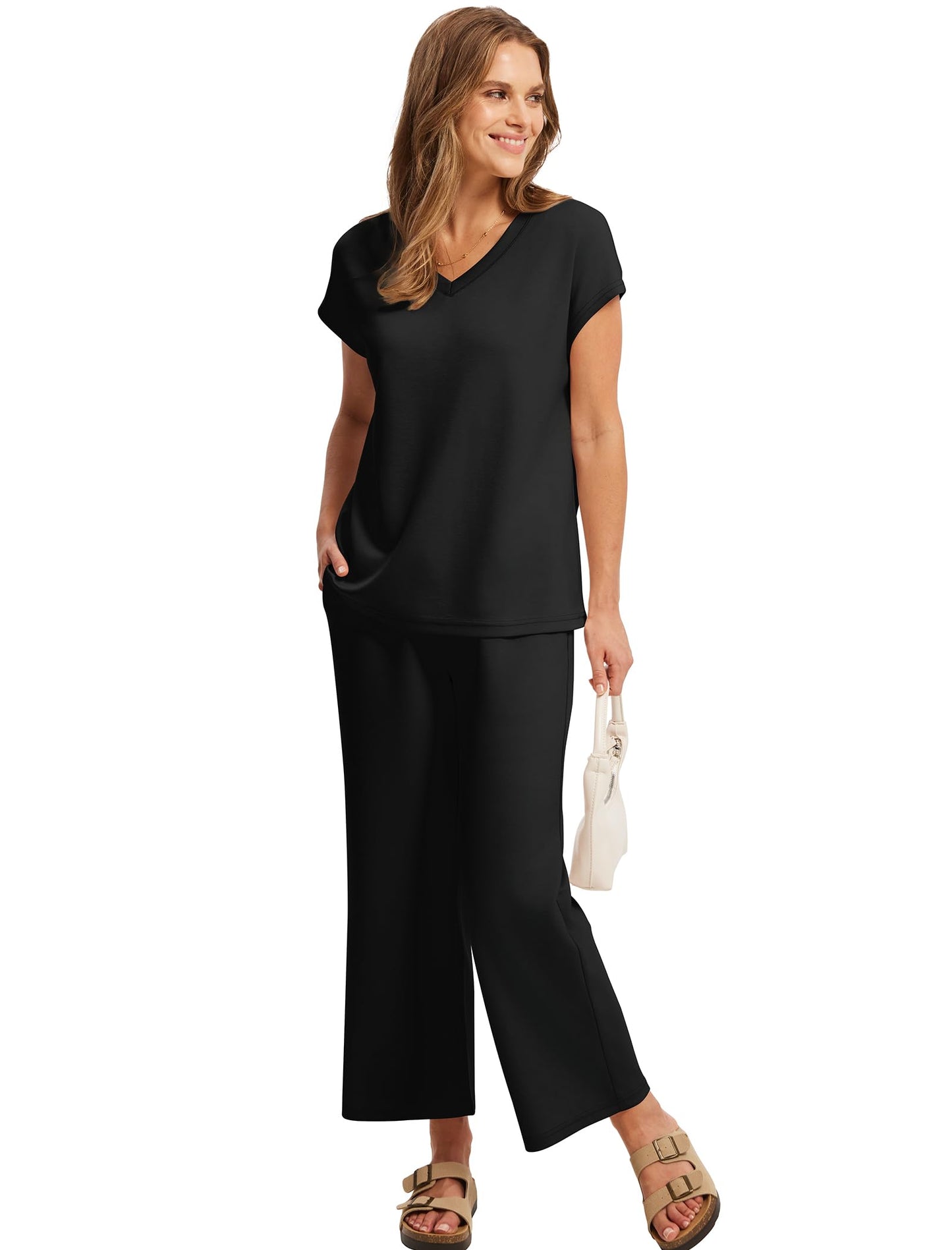 Two Piece Sets for Women Lounge Set Summer Travel Outfits Business Casual Matching Sets Women Clothing Beach Vacation Clothes Wide Leg Crop Pants Black L