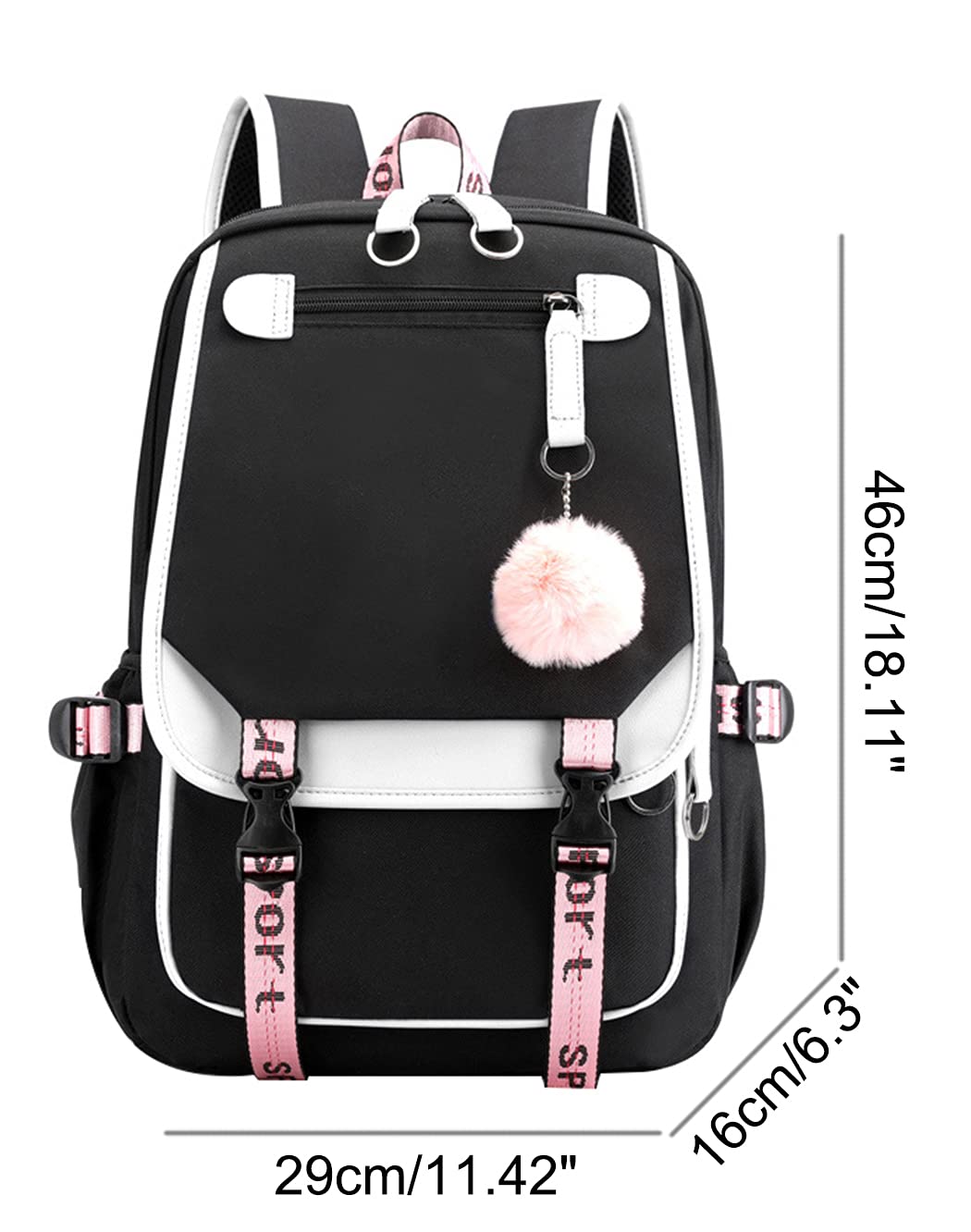 SellerFun Teenage girls' Backpack Middle School Students Bookbag Outdoor Daypack With USB charge Port (4# White Black, 21 Liters)