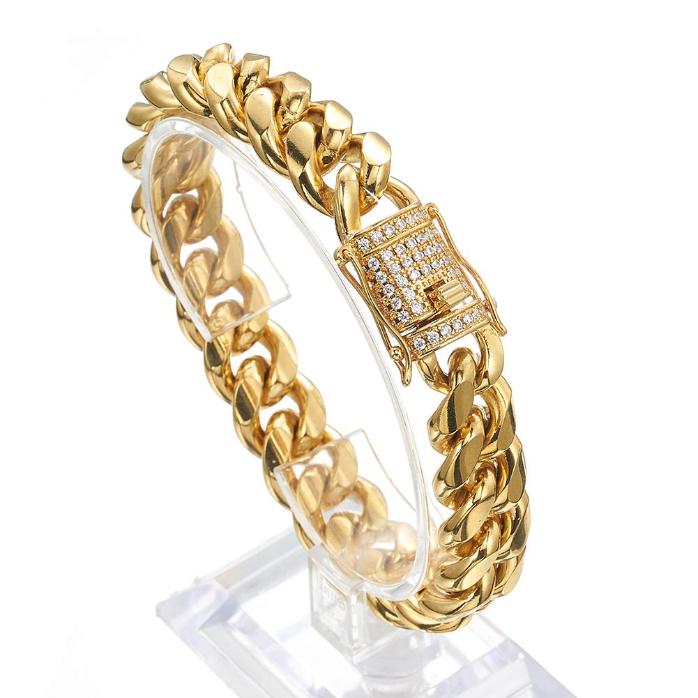 Jxlepe Mens Miami Cuban Link Chain 18K Gold 15mm Stainless Steel Curb Bracelet with cz Diamond Chain Choker (8.5, Bracelet)