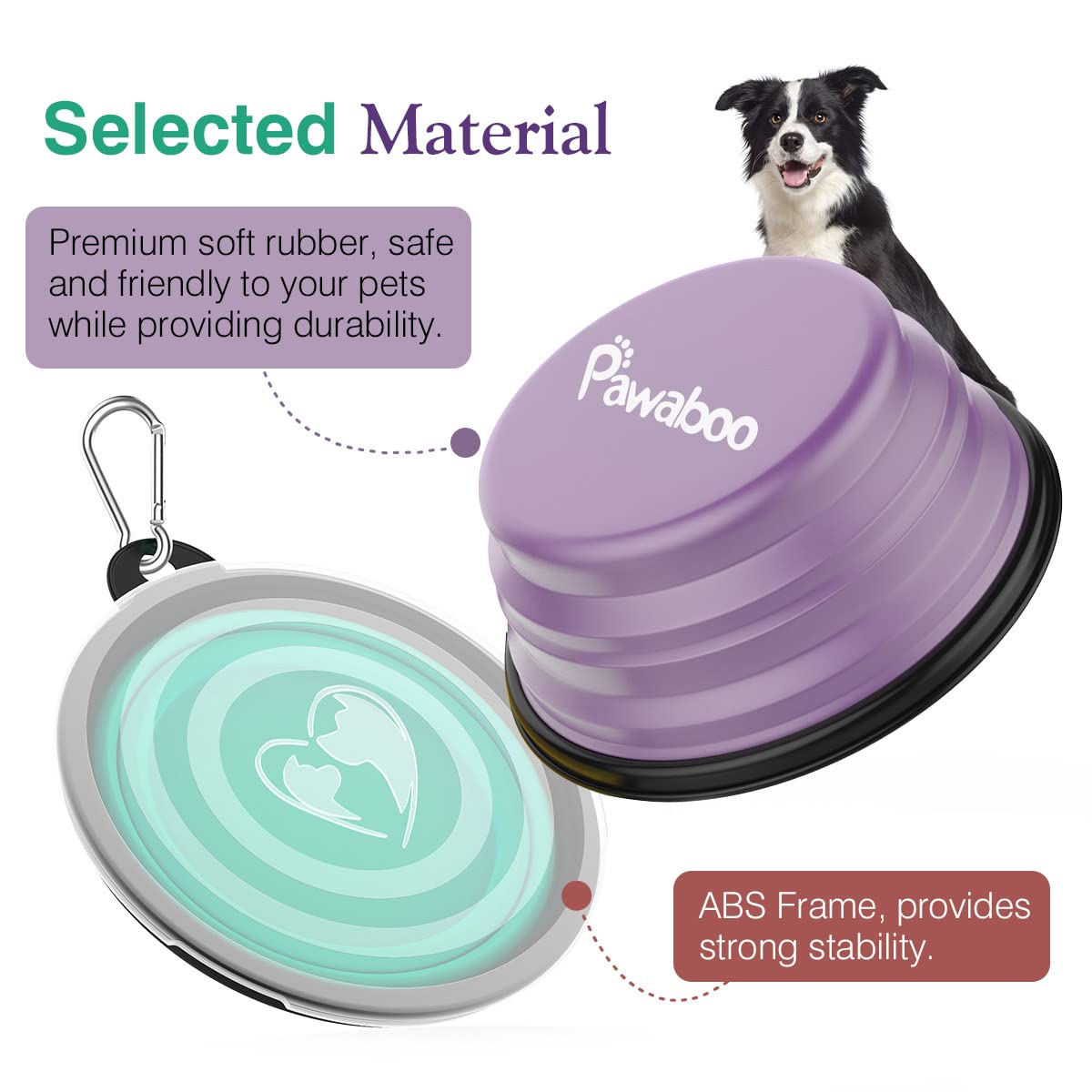 Pawaboo Collapsible Dog Bowls 2 Pack, Silicone Feeding Watering Bowls with Lids & Carabiners for Dogs Cats, Portable Collapsable Water Feeder Food Bowl for Walking Traveling Home Use, VioletTurquoise