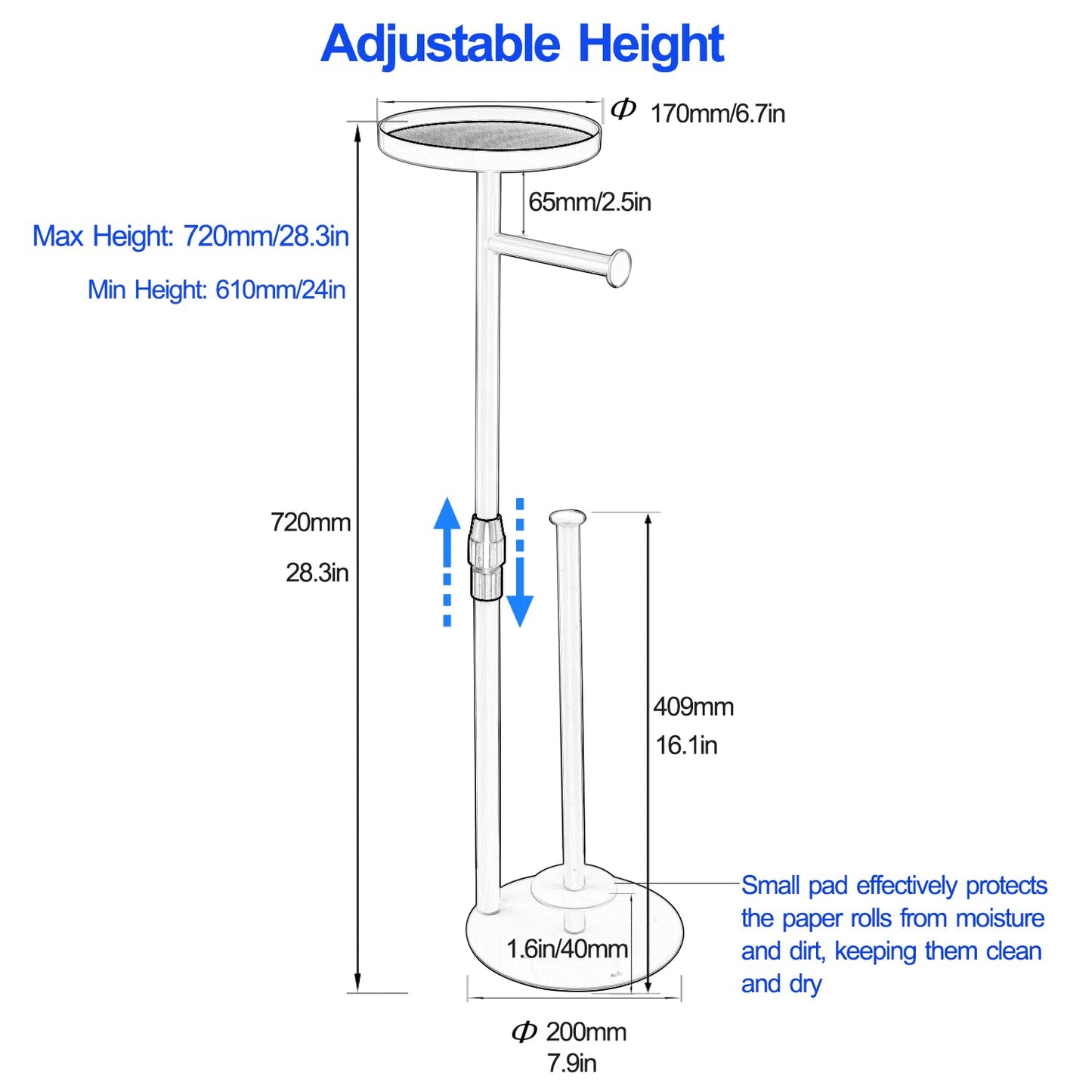 ZBMDDEY Toilet Paper Holder Stand, Bright Gold, for Bathroom Floor Standing, Adjustable Height and Heavy Paper Holder Stores 4 Reserve Rolls